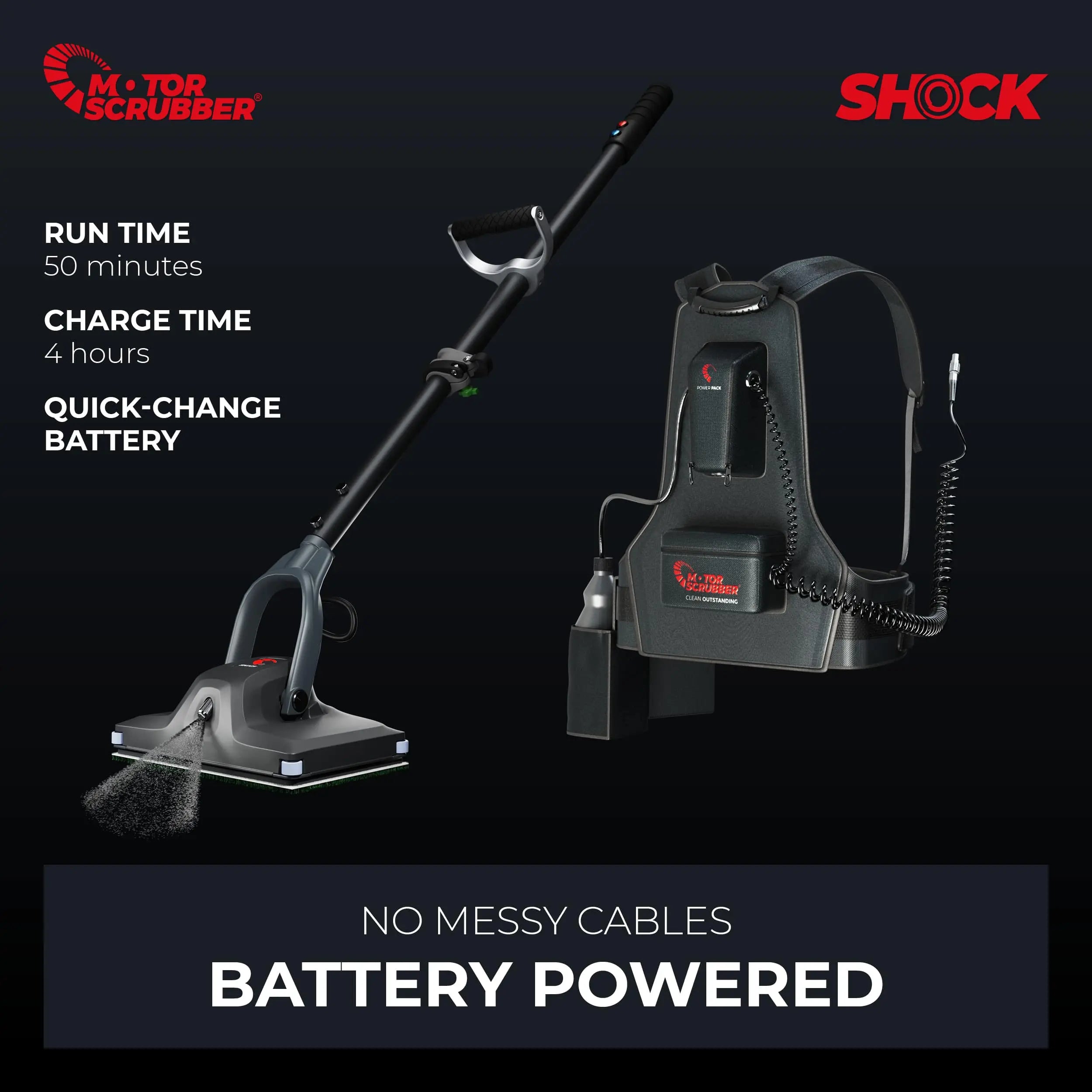 The MotorScrubber Shock Floor Scrubbing machine runs on batter power.