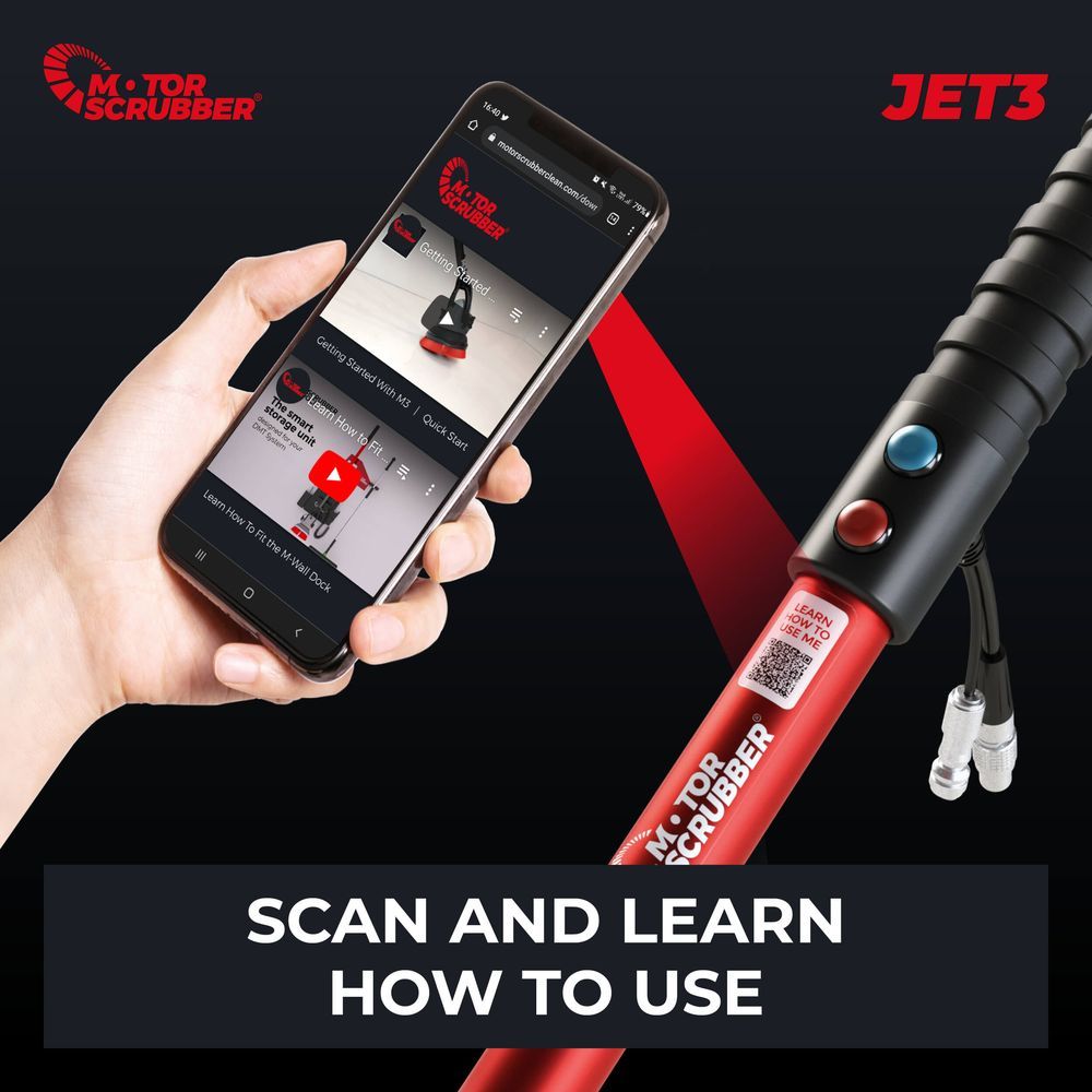 Scan and learn how to use the MotorScrubber Jet3.  This image shows a QR code for an easy way to learn how to use your MotorScrubber machine.