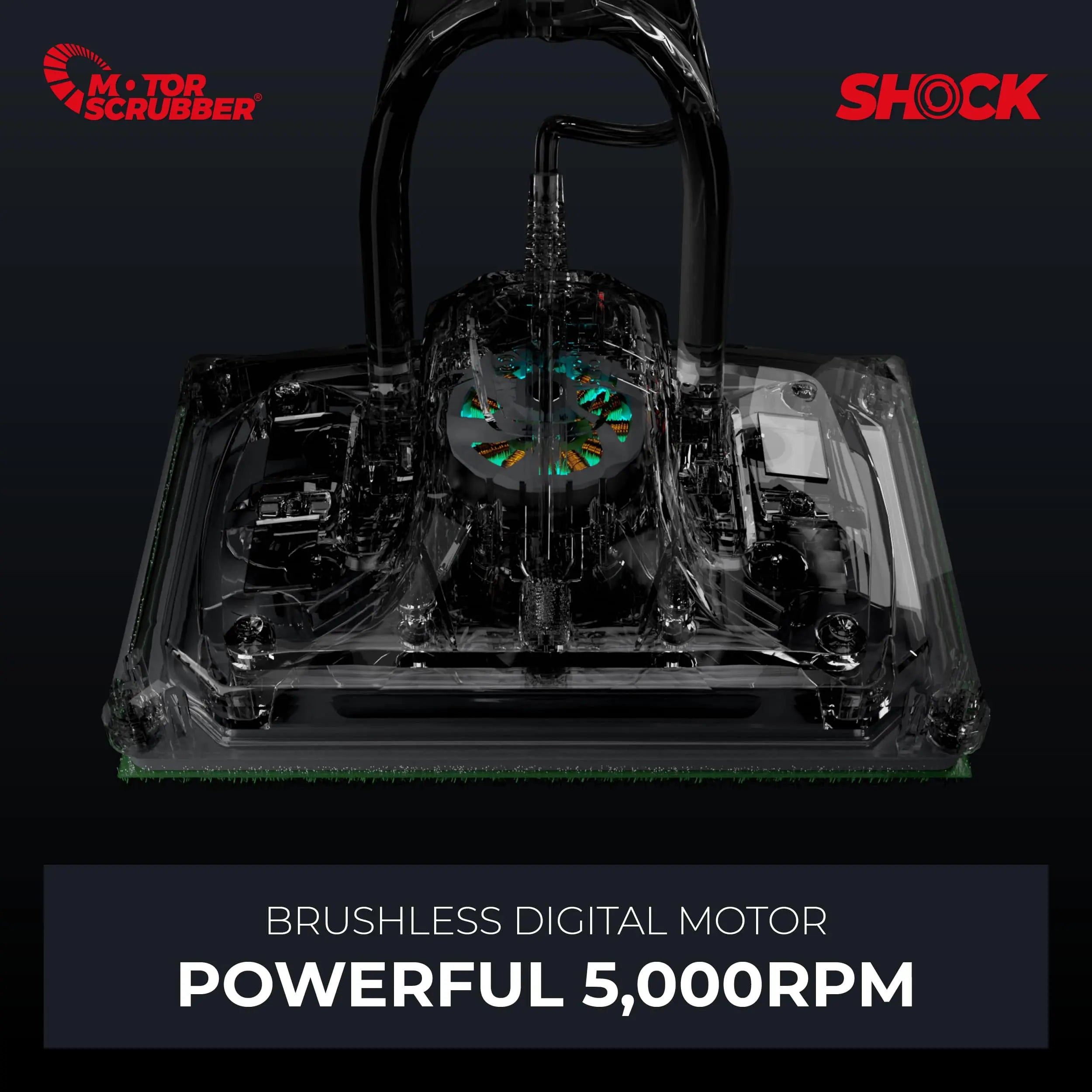 The MotorScrubber Shock compact floor scrubber has a brushless digital motor with a powerful 5,000 RPM.