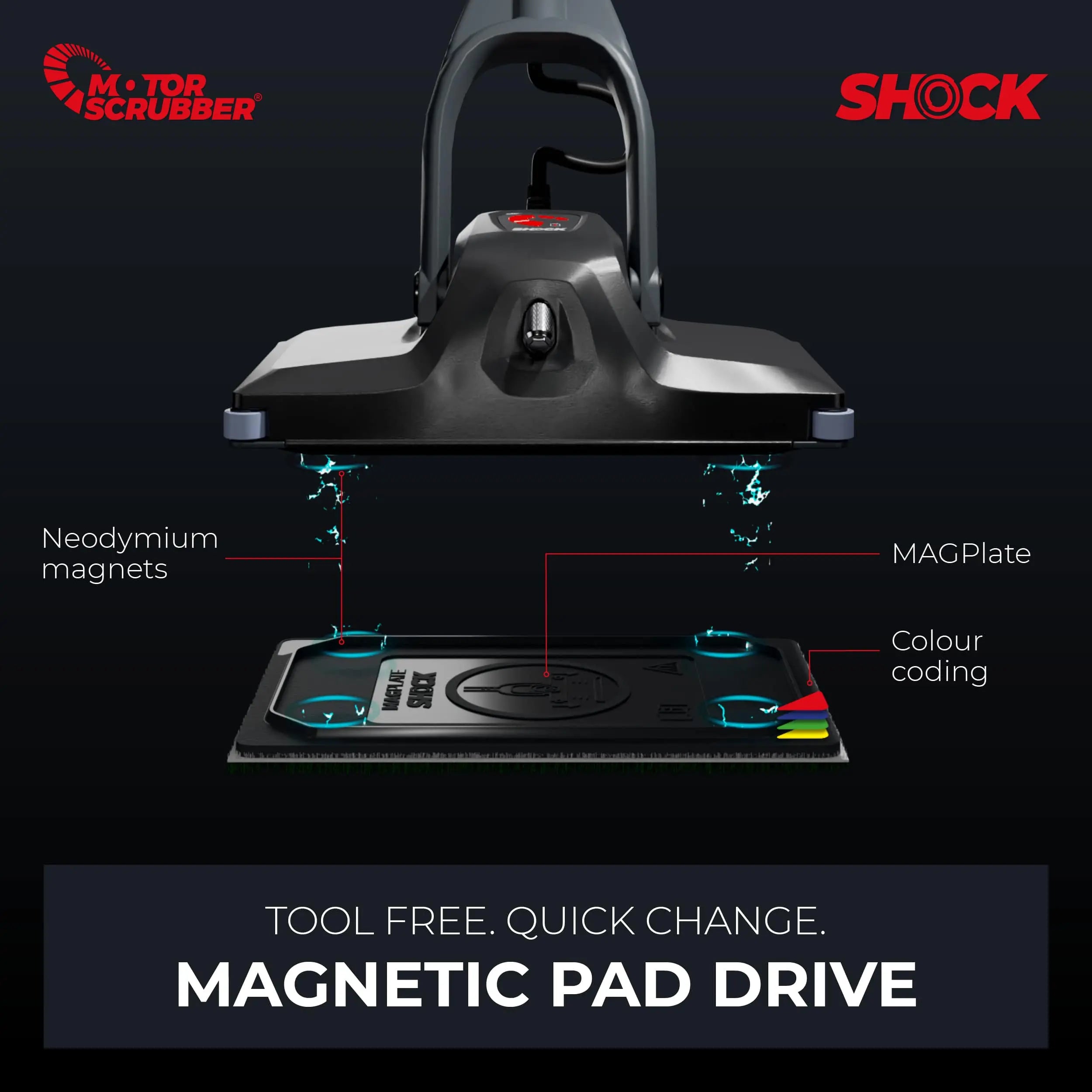 The MotorScrubber floor scrubber offers a tool free quick change magnetic pad drive.