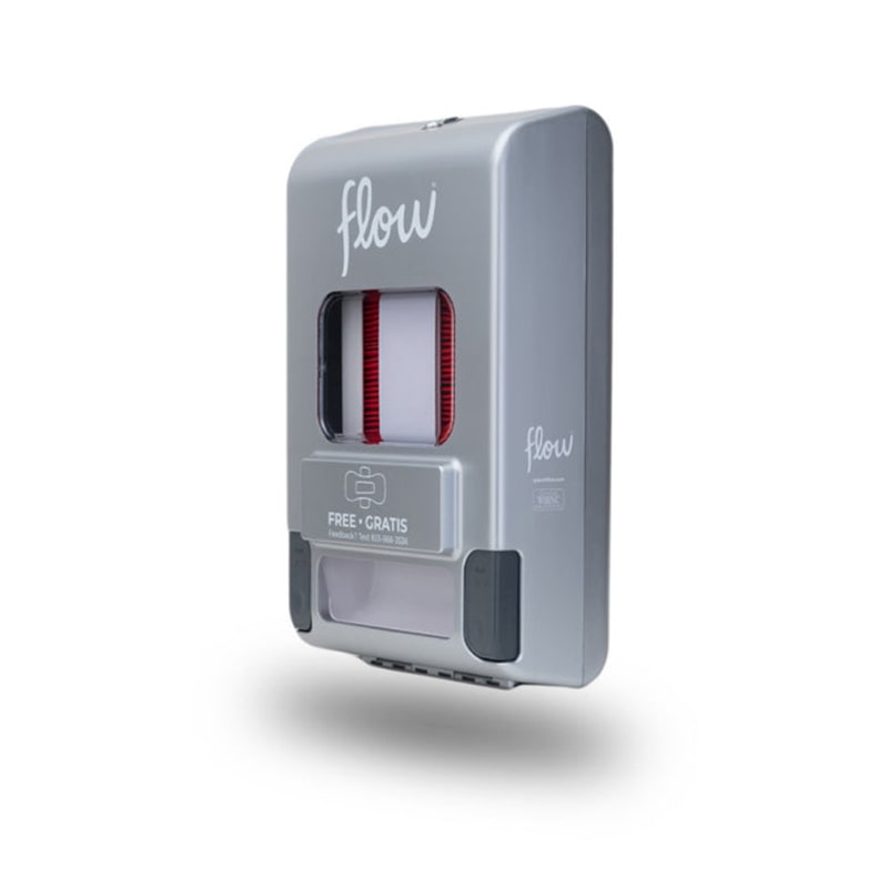 Side view of Aunt Flow feminine hygiene dispenser. Aunt Flow Model P pad dispenser is a free-vend system.