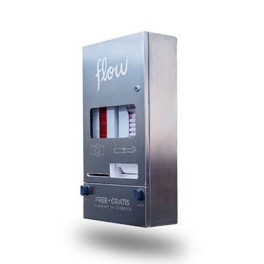 Side view of the Aunt Flow Model R Pad and Tampon Dispenser. The Aunt Flow dispenser is a free vend pad and tampon vending machine.