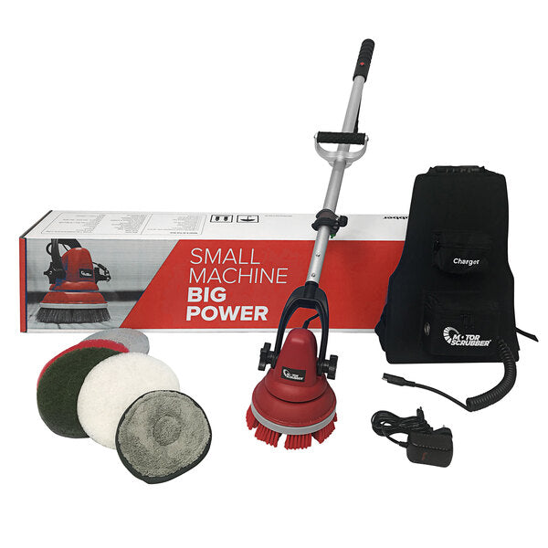 MotorScrubber M3M 7 1/2" Agm Cordless Hand Held Disc Floor Scrubber Kit With 30" Handle. This photo shows the MotorScrubber kit with brush heads and charger.