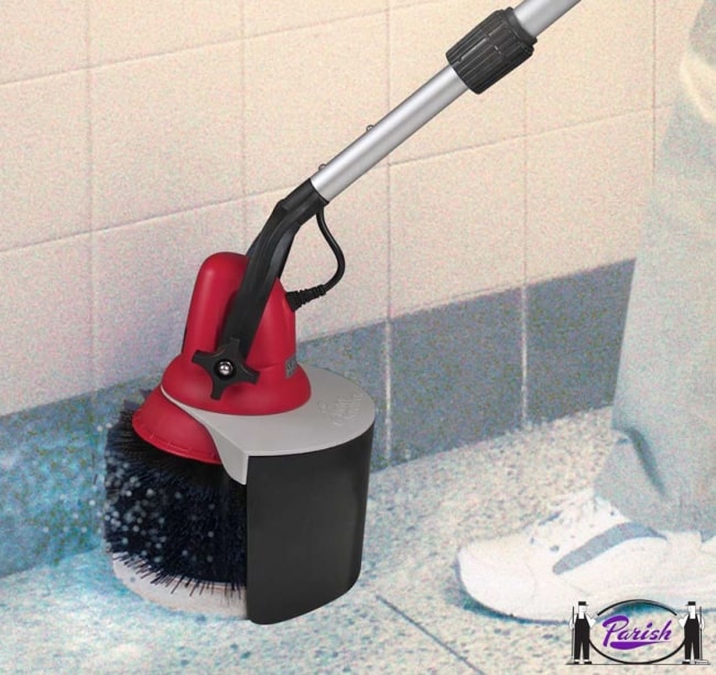 MotorScrubber Splash Guard (MS3080) - Image shows the MotorScrubber cleaning a bathroom floor.