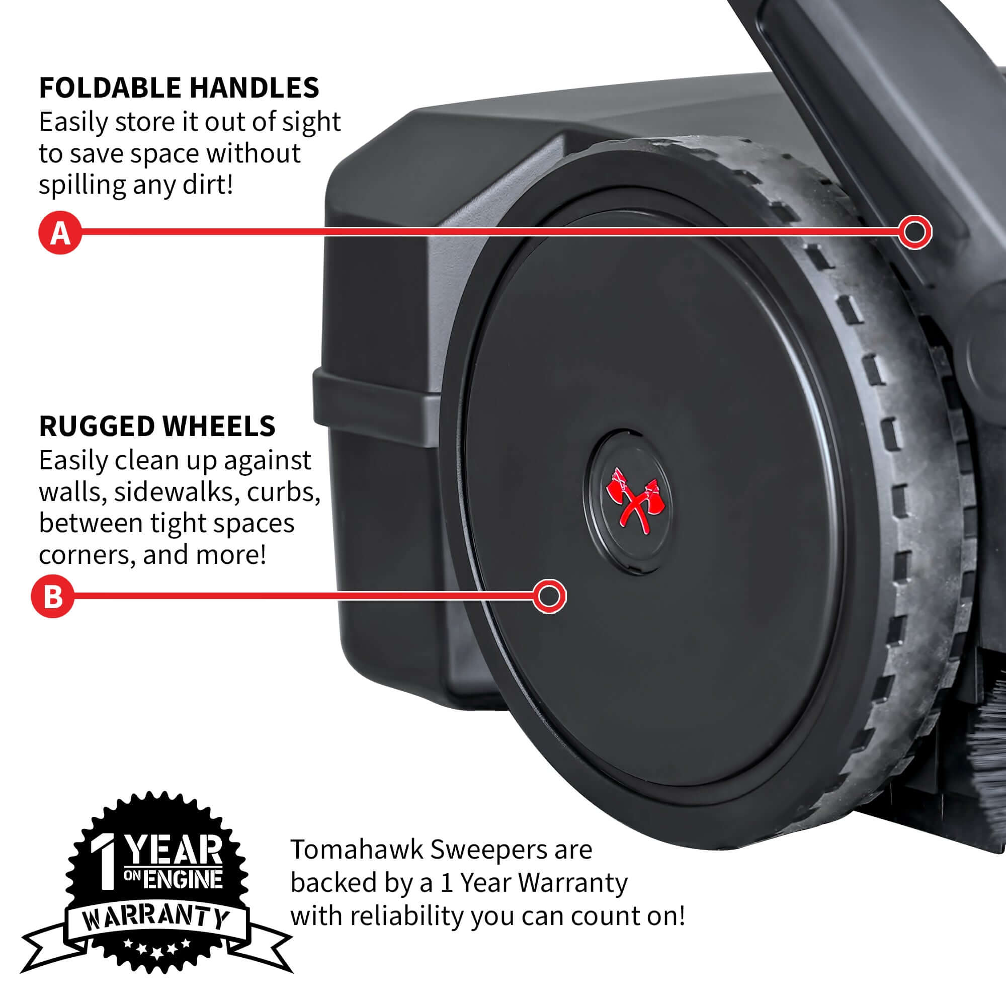 Tomahawk 30" Battery Powered Push Sweeper  close up of Tomahawk's wheels showing foldable handles and rugged wheels