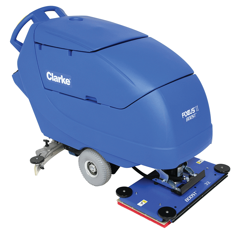 Professional cordless walk-behind floor scrubber by Clarke, featuring the Focus II BOOST32 model with a 32-inch cleaning path and a 23-gallon solution tank