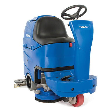 Clarke Focus II Ride On Scrubber: Cordless Ride-On Disc Floor Scrubber - Advanced cleaning solution with a 26-inch AGM disc and chemical mixing system, designed for efficient commercial floor maintenance.