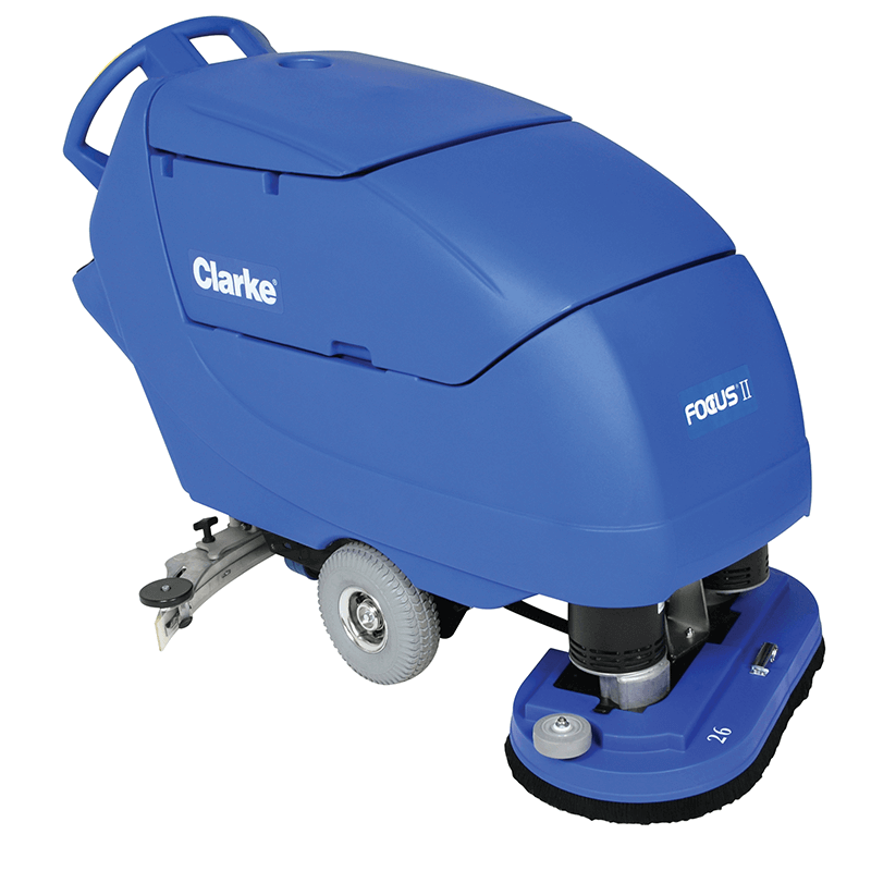 Professional cordless walk-behind floor scrubber by Clarke, featuring the Focus II BOOST32 model with a 32-inch cleaning path and a 23-gallon solution tank