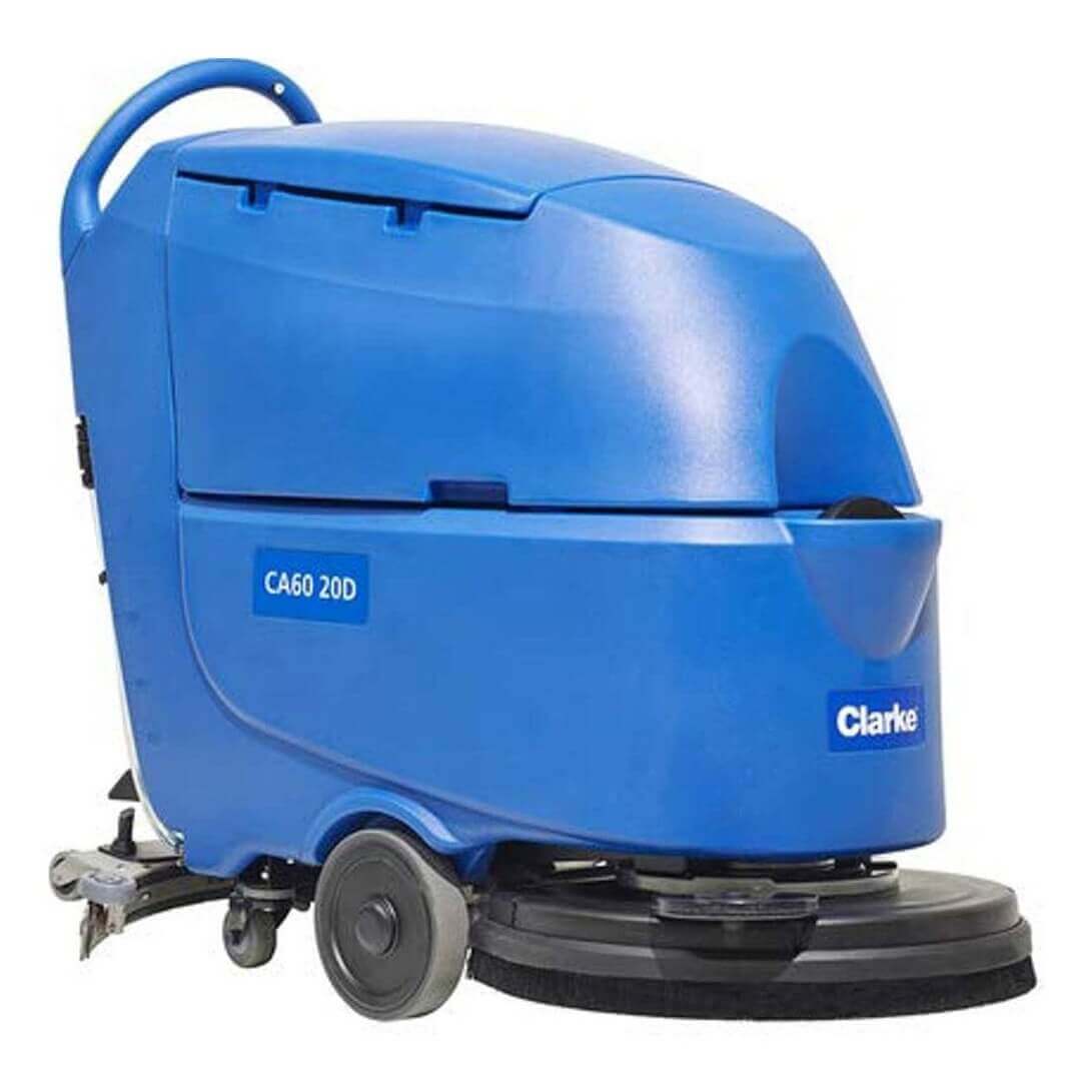 Professional-grade Clarke CA60 20DT 20" Cordless Walk Behind Disc Floor Scrubber with Traction Drive - 16 Gallon: Efficient floor cleaning equipment.