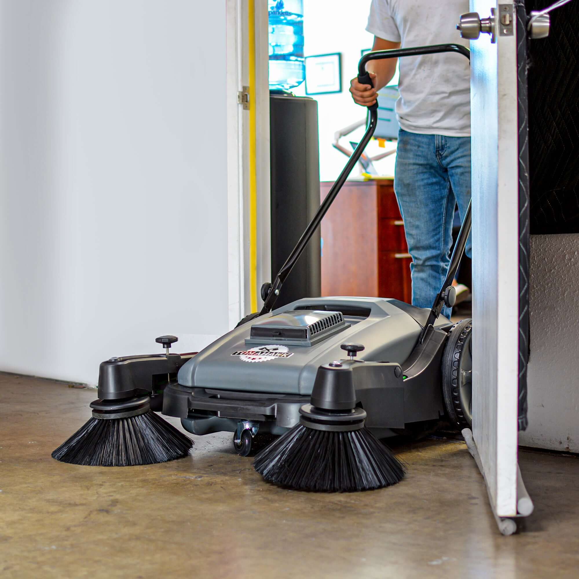 Tomahawk sweepers can be used for hard floors as shown.